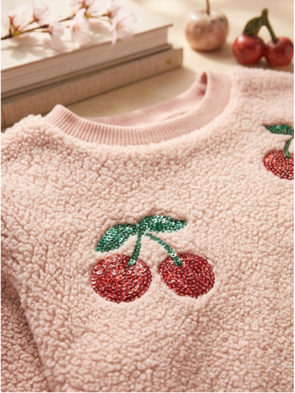 Derek Heart Girls Pink Cherry Sequin Sherpa Fleece Sweatshirt & Jogger Set - Picture 11 of 12